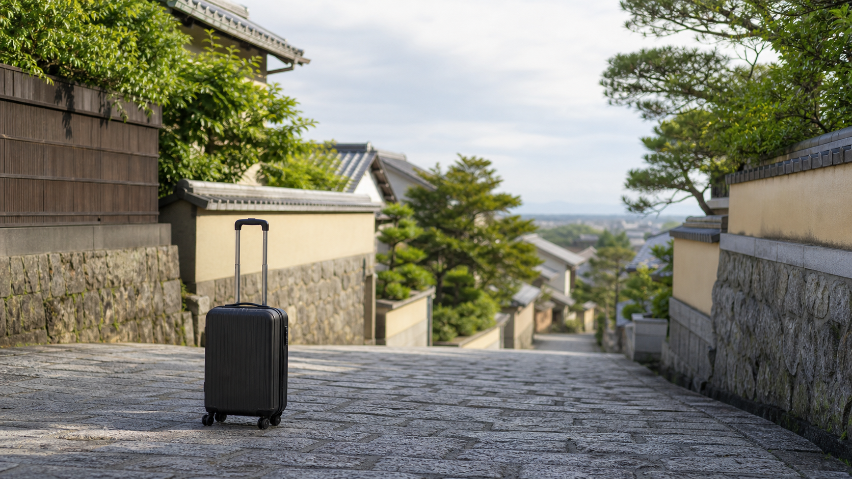 石畳の坂道の途中に置かれた旅行キャリーバッグ