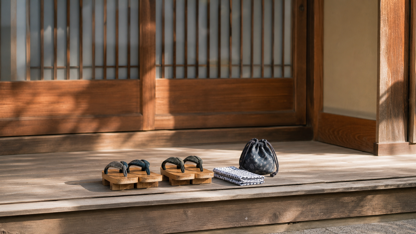 浴衣用の下駄と手ぬぐいが玄関先に並んでいる