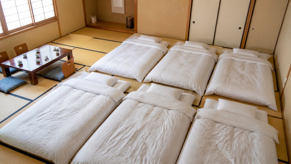 畳の広い和室に布団が複数枚並んでいる俯瞰風の構図