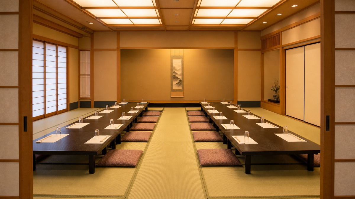 広い和室に座卓と座布団が並ぶ宴会場風のテーブルセッティング