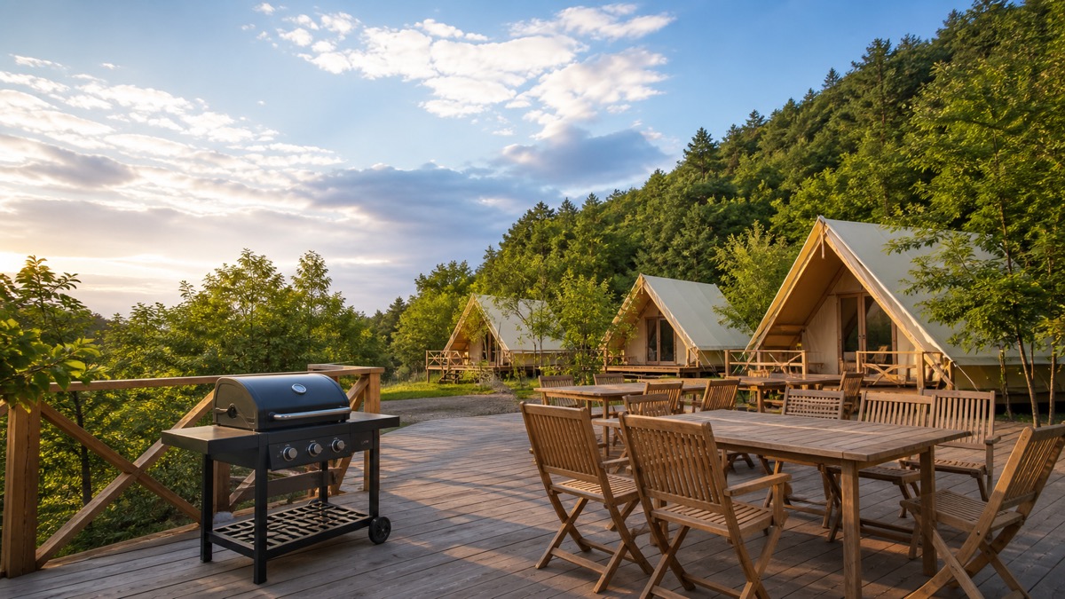 木製デッキのテラスにBBQグリルと椅子が並ぶグランピング風の屋外スペース