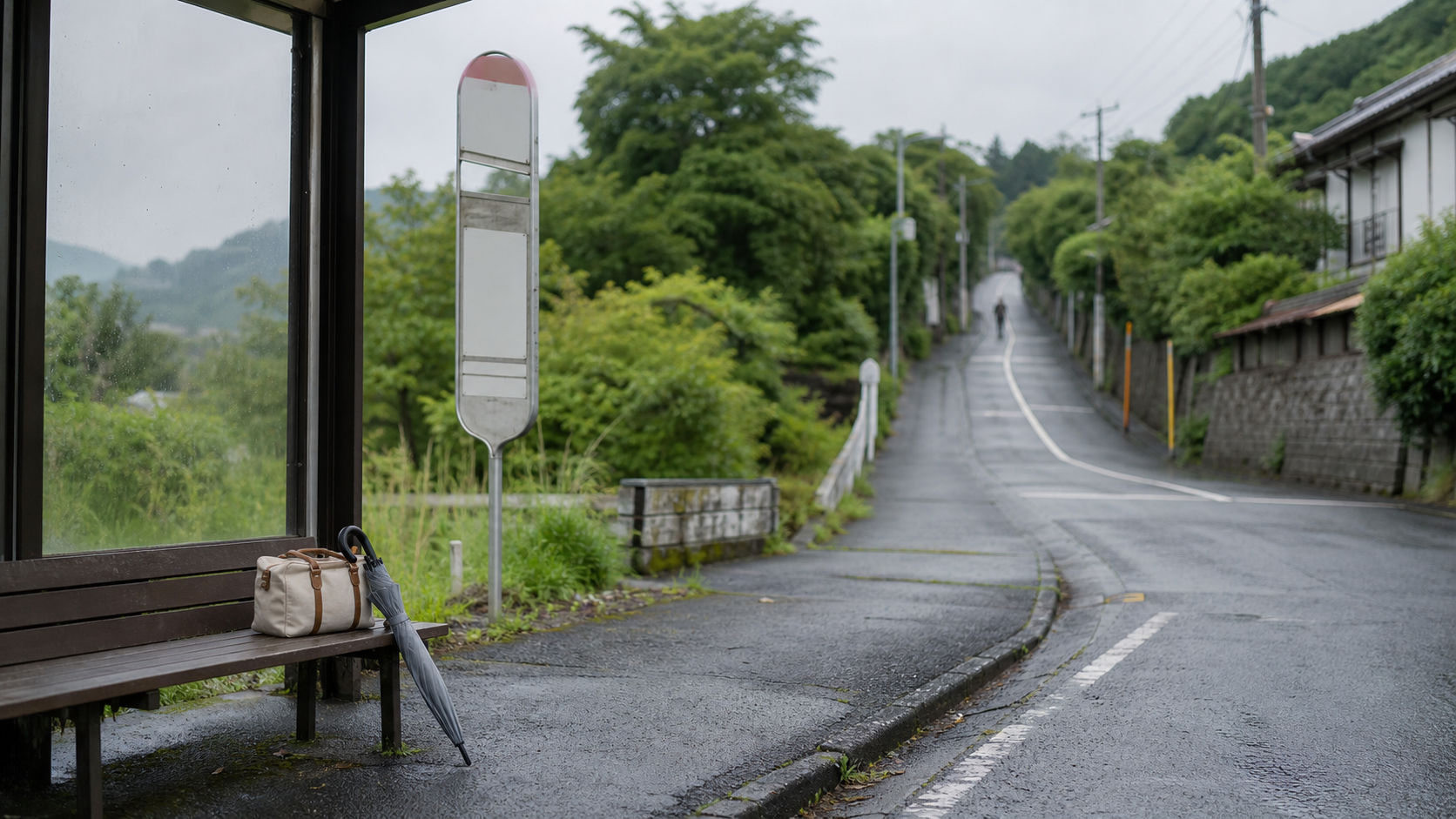 郊外のバス停でバッグと折りたたみ傘を持って乗り換えを考えるイメージ