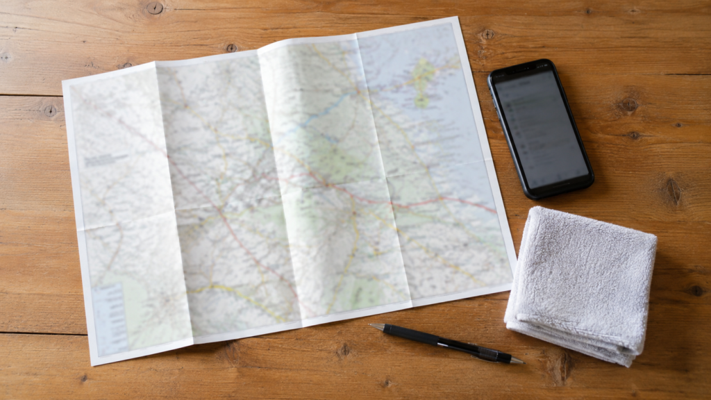 テーブルに広げた白い紙の地図とスマートフォンとタオル