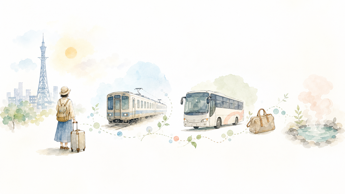 大阪から電車とバスで温泉地を選ぶ車なし旅行のイメージイラスト