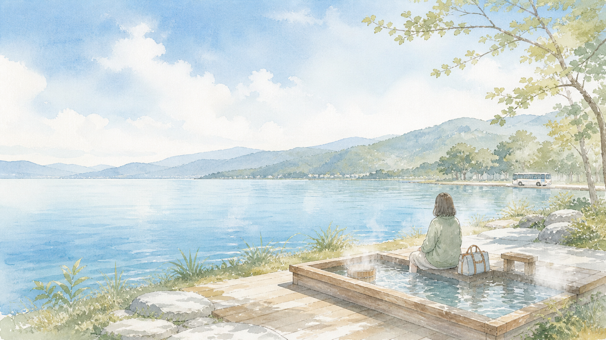 琵琶湖畔の足湯でゆっくり過ごすおごと温泉のイメージイラスト
