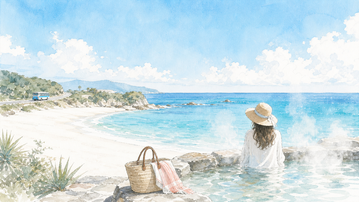 白い砂浜と青い海を楽しむ白浜温泉のリゾート感を表すイメージイラスト