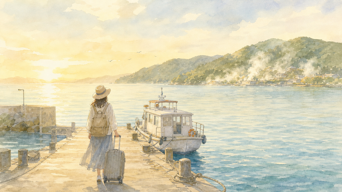 港から送迎船で温泉宿へ向かう南紀勝浦温泉の非日常感を表すイメージイラスト