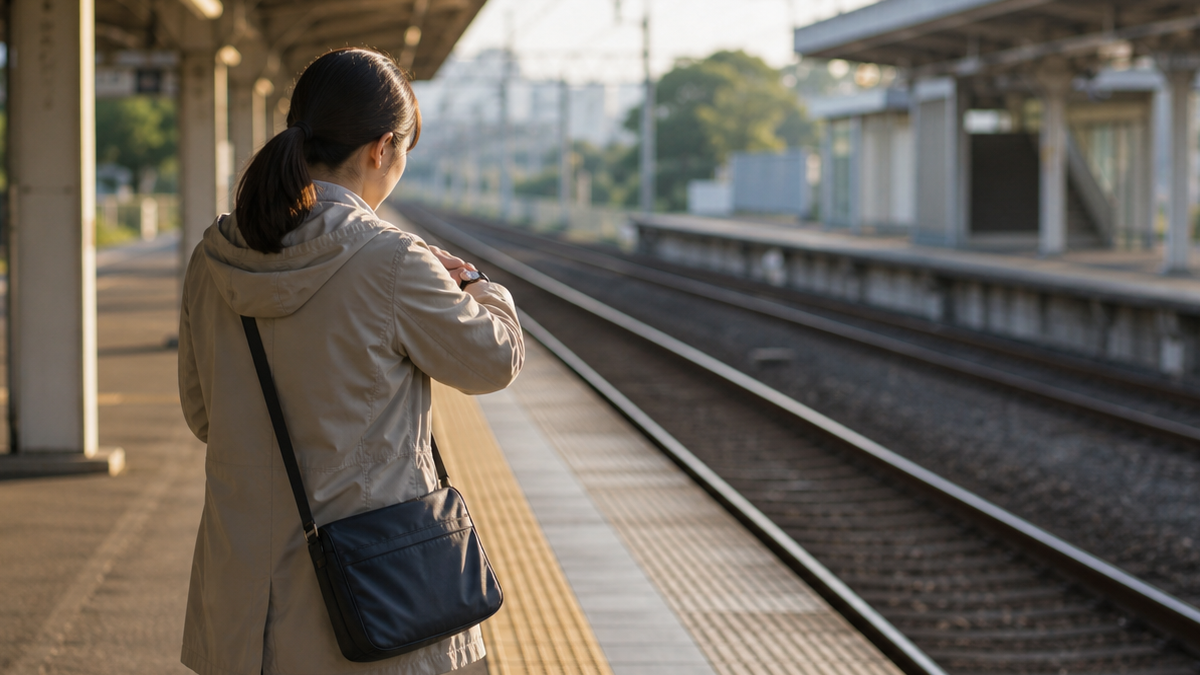 朝の駅ホームで腕時計を確認しながら電車を待つ後ろ姿