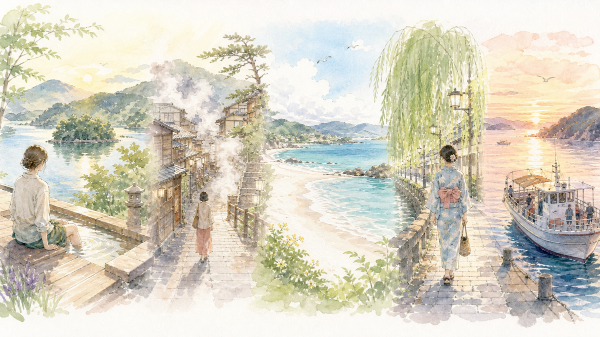 おごと温泉、有馬温泉、白浜温泉、城崎温泉、南紀勝浦温泉の魅力を象徴する5つの温泉旅イラスト