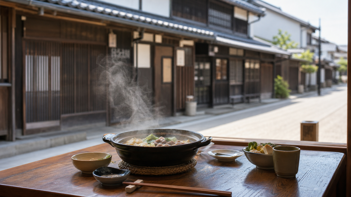 湯気の立つ鍋料理が置かれた木のテーブルと、城下町の街並みを歩く様子を引き気味に写した写真風画像