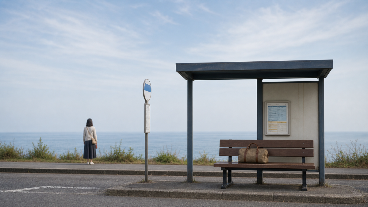 バス停のベンチに置かれた旅行バッグと時刻表を確認する場面の写真