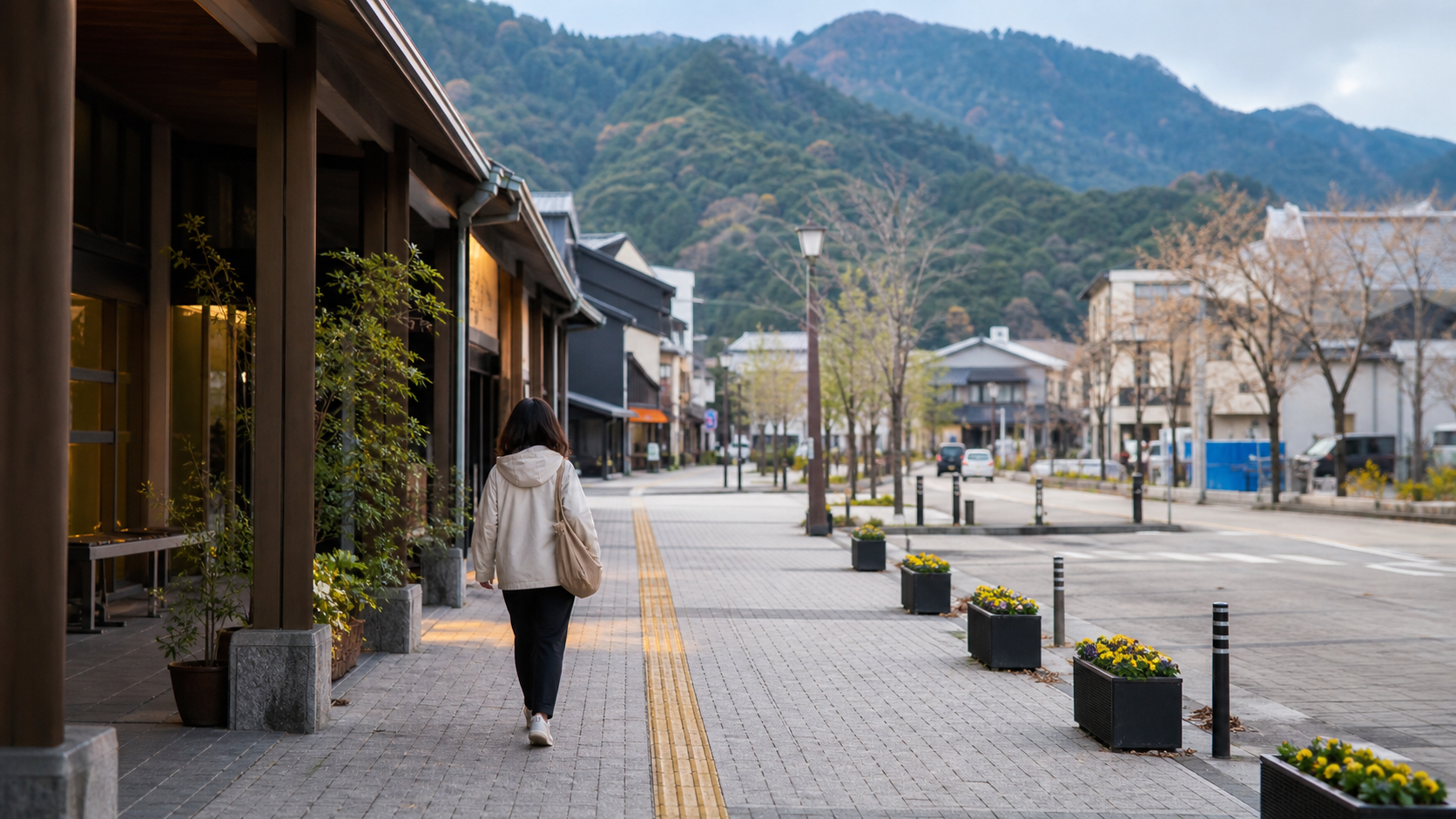 小さな荷物で駅から歩く日帰り温泉旅のイメージ