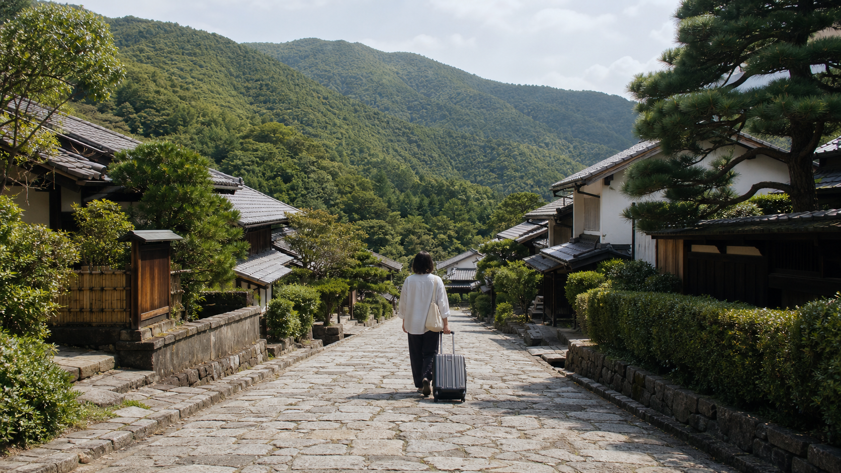 石畳の坂道を旅行バッグを引いて歩く人の後ろ姿と、周囲を囲む山あいの木々。海は写っていない、有馬温泉の温泉街を思わせる写実的な写真
