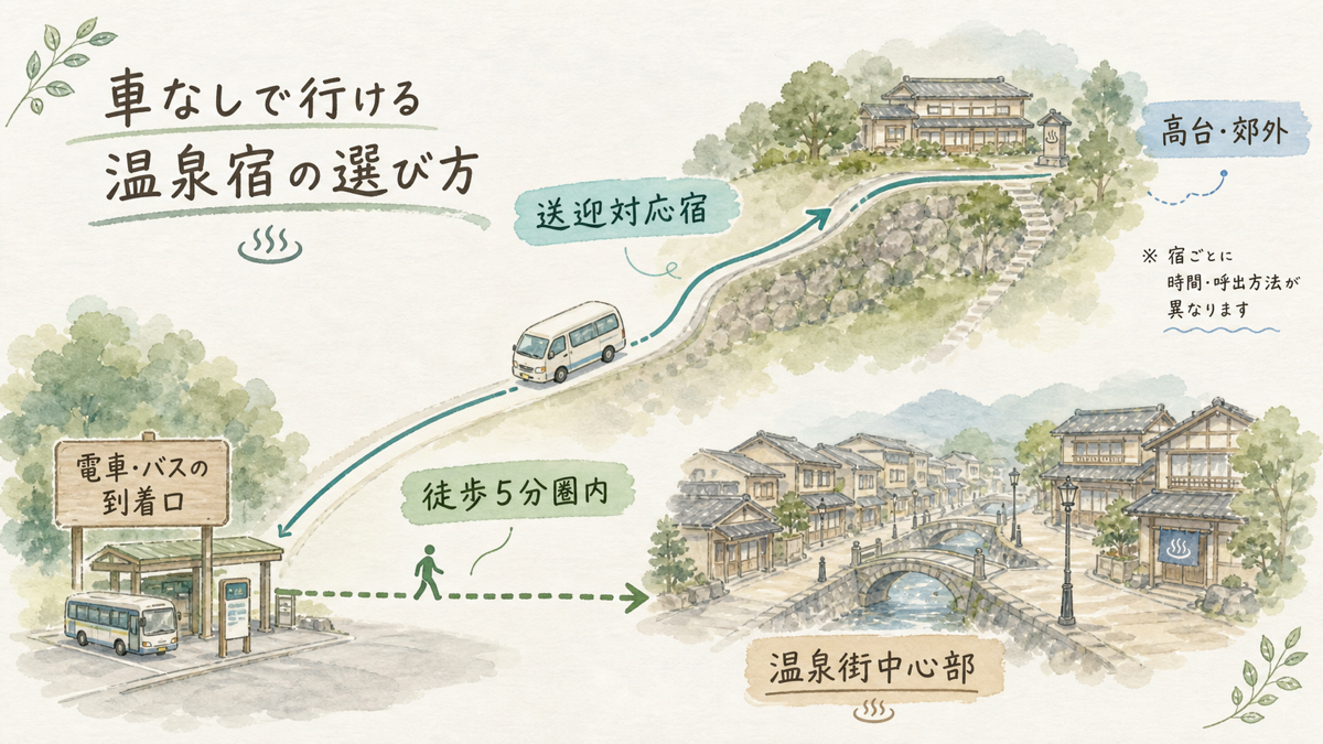 温泉街中心部へ徒歩で向かうルートと高台の宿へ送迎を使うルートの比較図