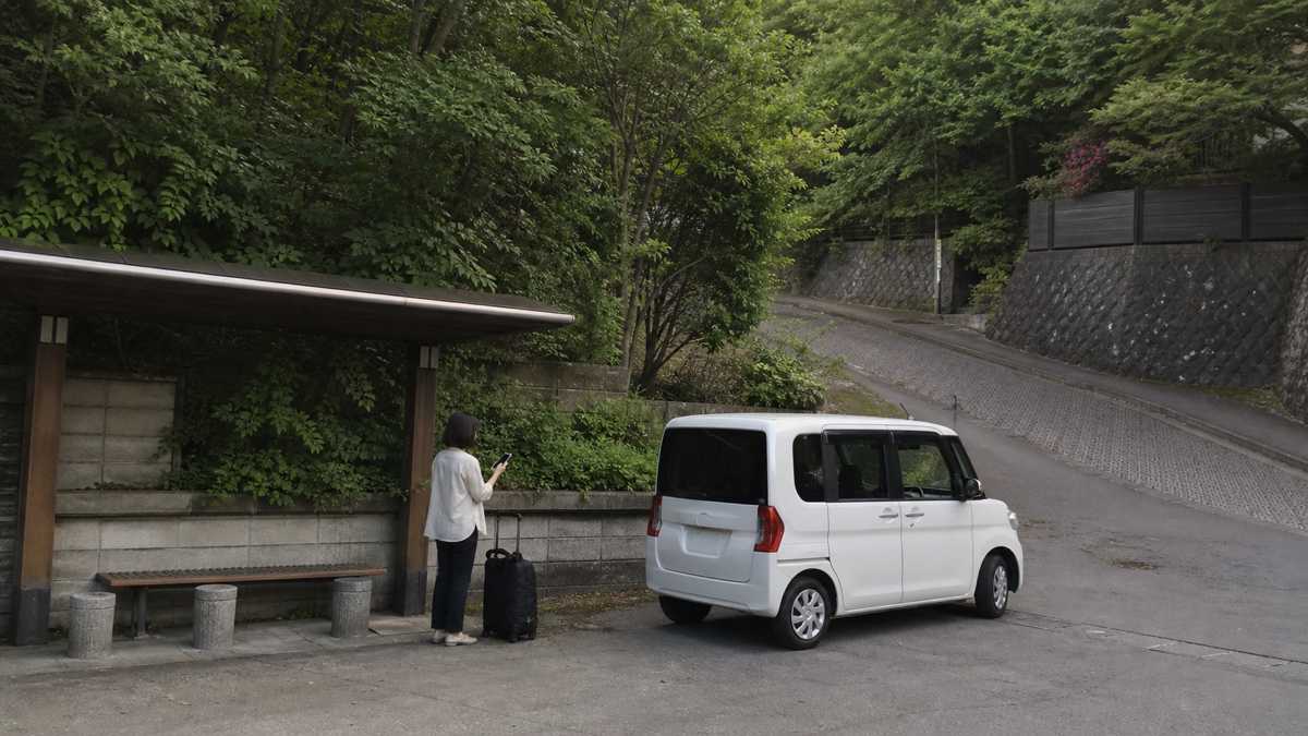 坂のある宿へ向かう送迎車と旅行バッグのイメージ