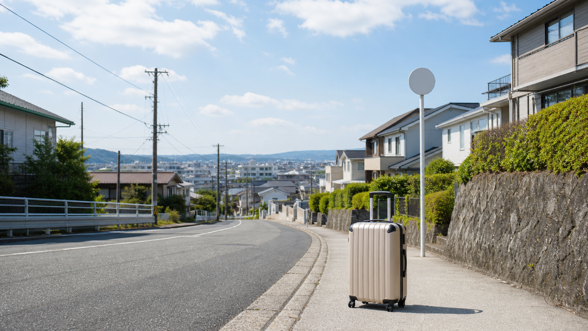 坂道でキャリーケースを引く様子とバス停の標識