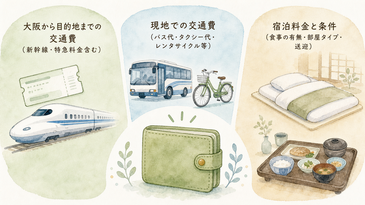 車なし旅行の予算を交通費・現地交通費・宿泊費の3つに分けて比較する図