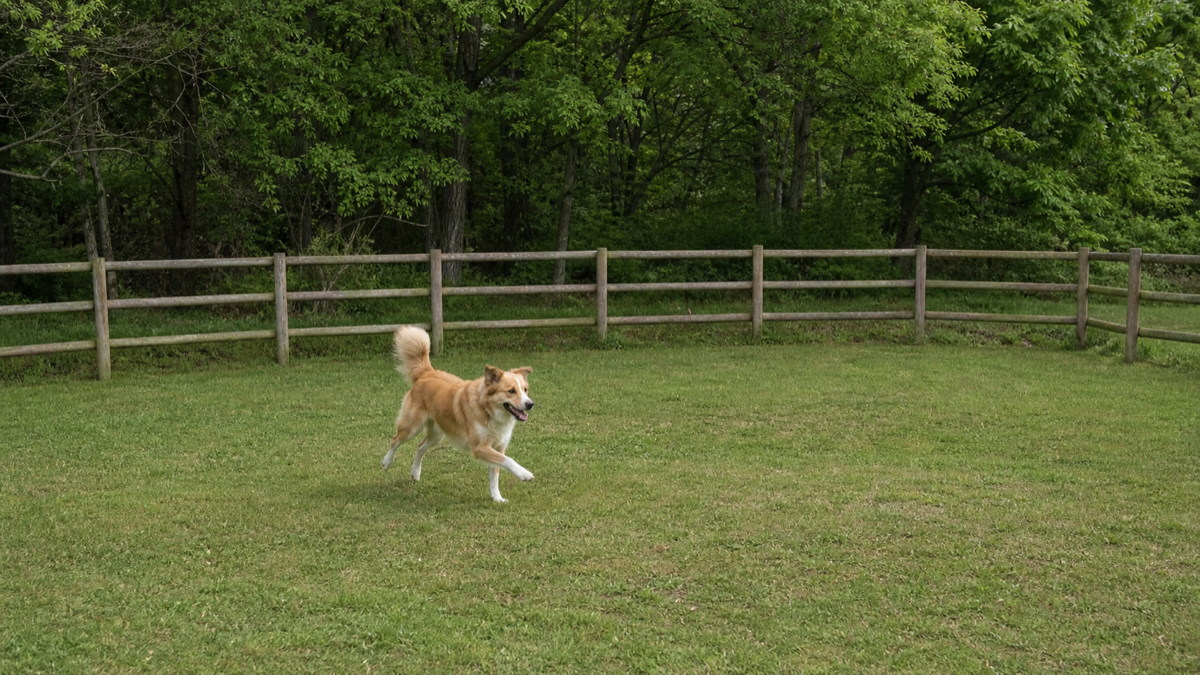 木立のある簡素な囲いの中を犬が走る、犬連れグランピングのイメージ
