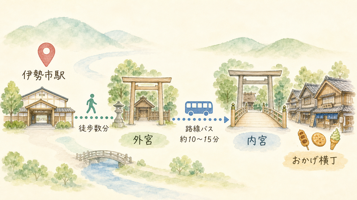 伊勢市駅から外宮までの徒歩ルートと、内宮・おかげ横丁への路線バスの動線を示す図解
