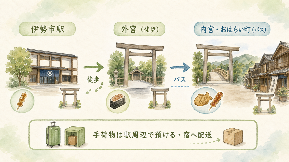 伊勢市駅から外宮・内宮・おはらい町へ回る順番と手荷物対策を示す図