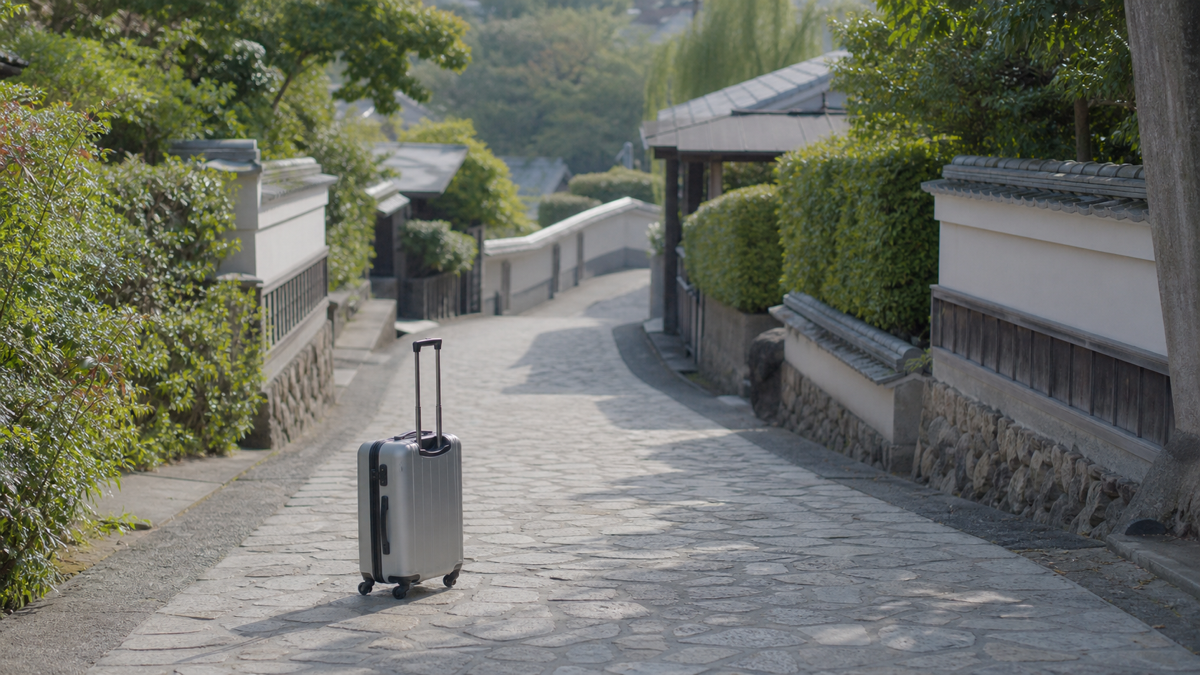 石畳の坂道の途中に置かれた旅行用キャリーバッグ