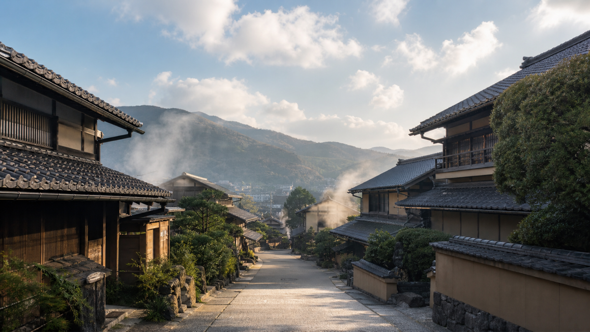 坂道沿いに旅館が立ち並び、湯けむりが立ちのぼる温泉街の風景