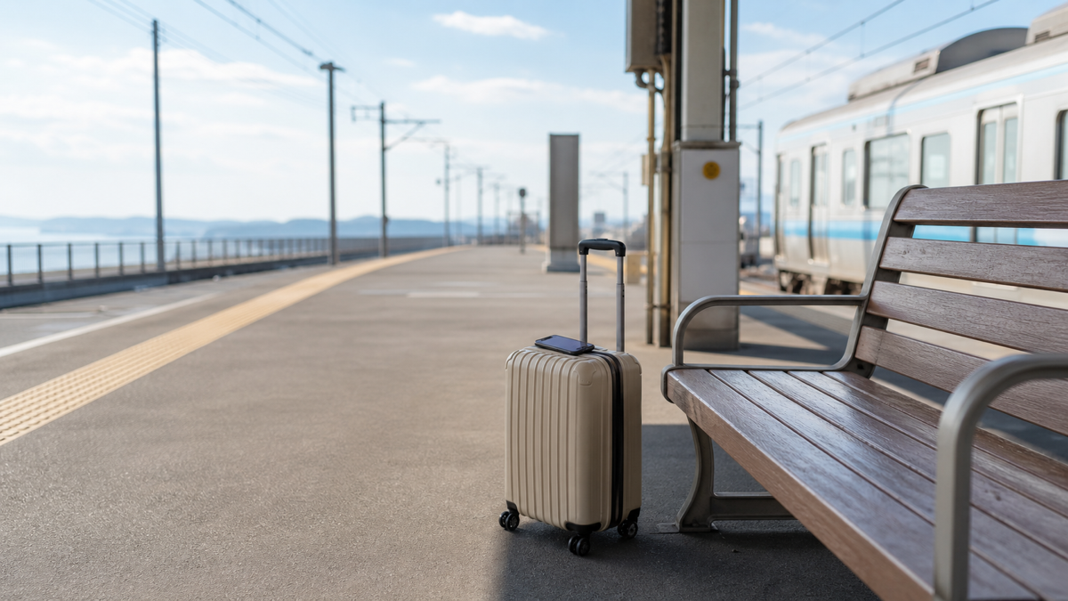 電車を待つホームに置かれたキャリーケースと、行き先を確認するスマートフォン