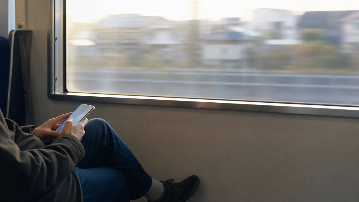 朝の電車内でスマートフォンを開き帰りの時刻を確認している手元