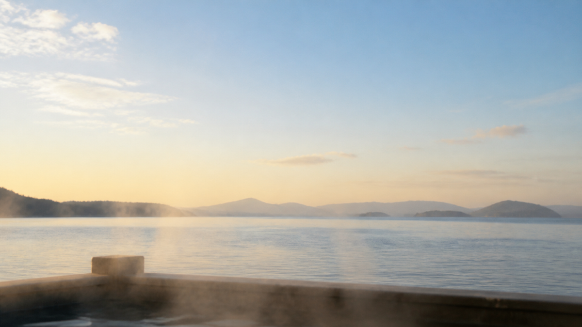 湯気の立つ湯船の縁越しに見える湖の景色