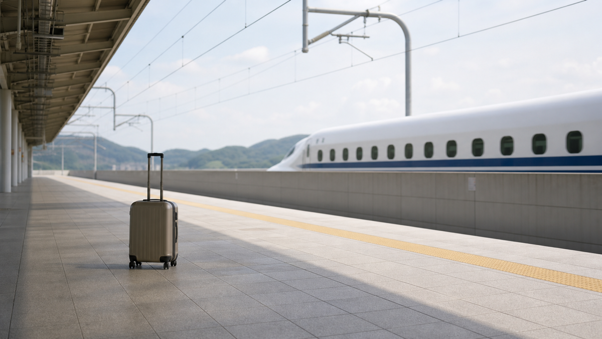 旅支度を終えたスーツケースと出発を待つ新幹線ホーム