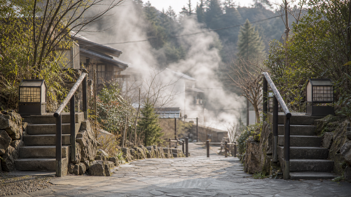 湯けむりが立つ温泉街の入口の風景