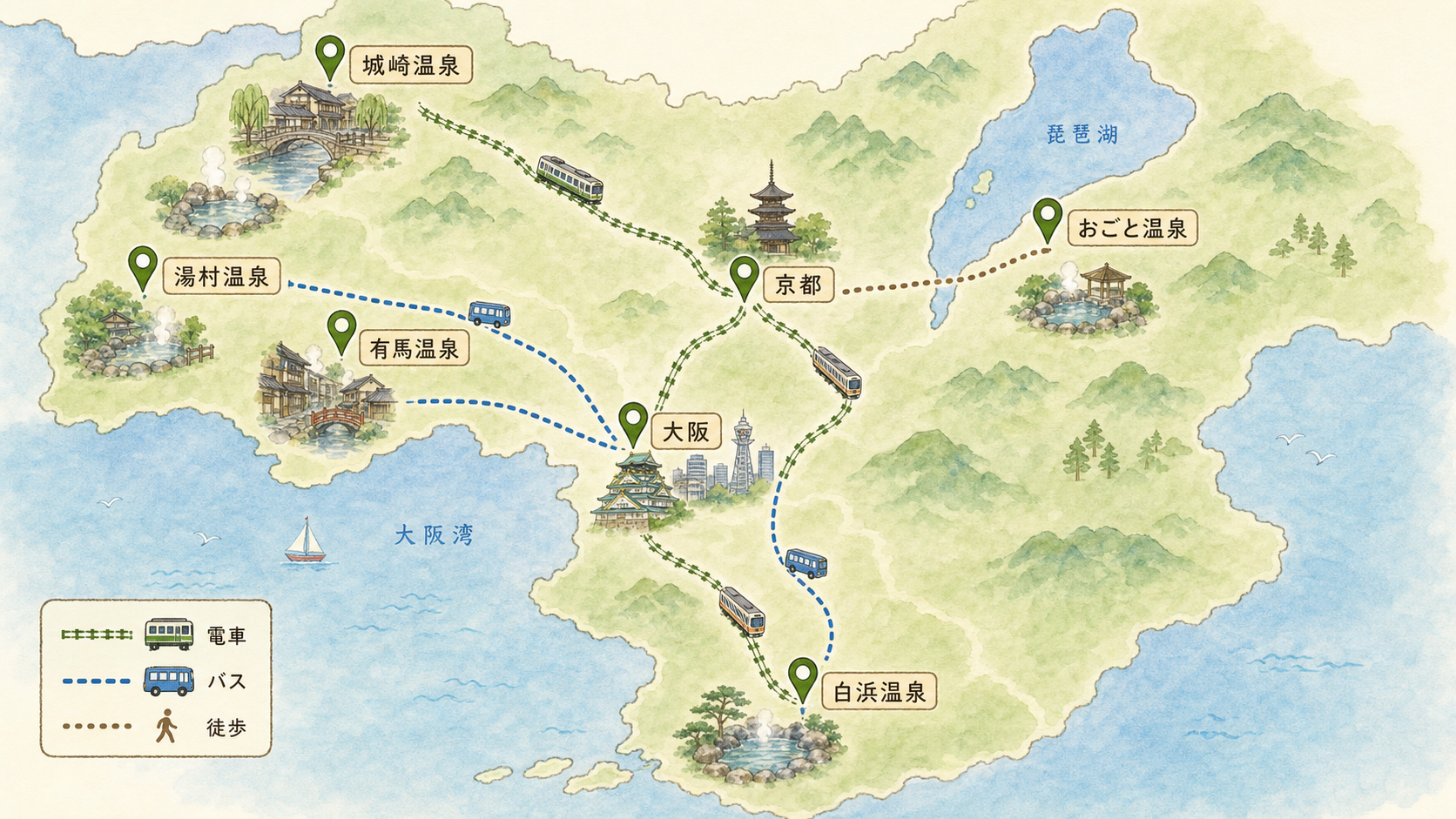 関西の温泉地5か所の位置関係と車なしアクセスを示す地図風の比較図解