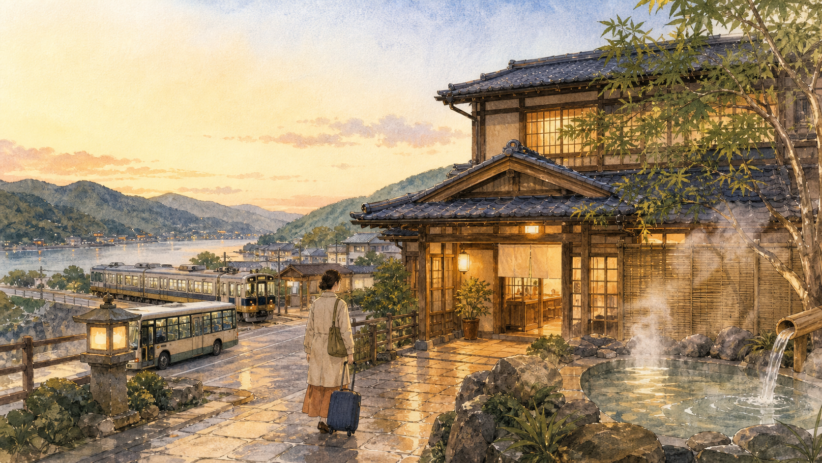 関西で車なしの一人温泉旅を楽しむ宿と交通のイメージ