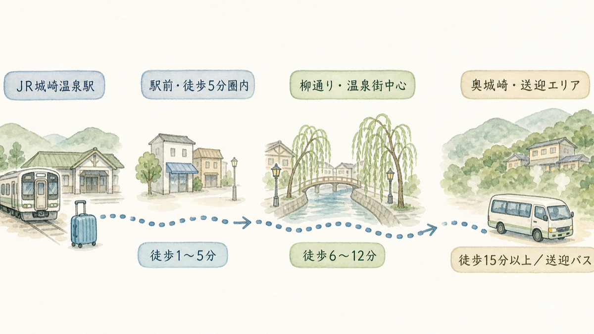 駅前・温泉街中心・奥城崎の3つの宿泊エリアを示す簡略動線図