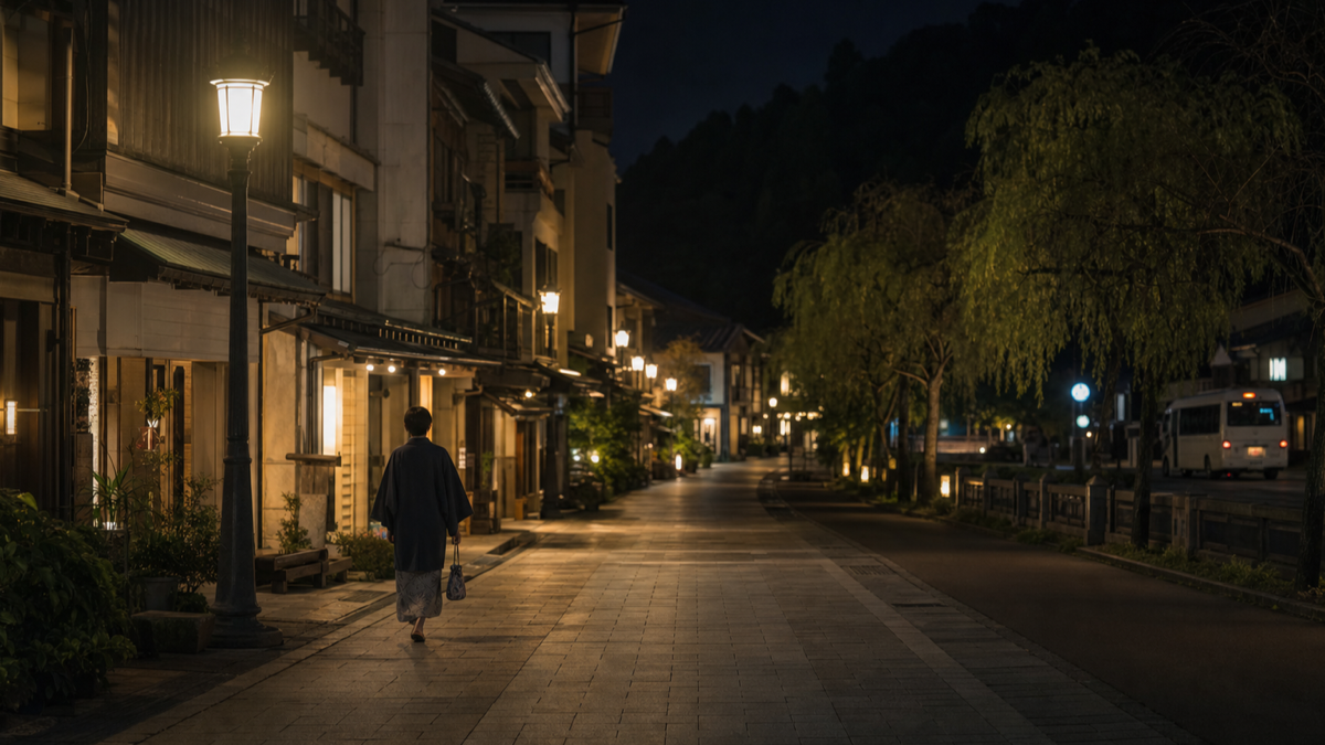 街灯のある夜道を歩く外湯めぐりと送迎バスを使う帰路のイメージ