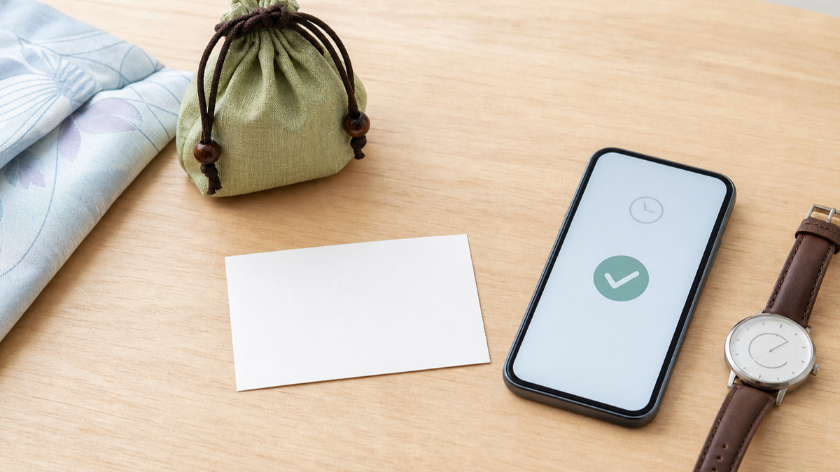 外湯めぐりの利用期限をスマートフォンと時計で確認する旅行準備のイメージ