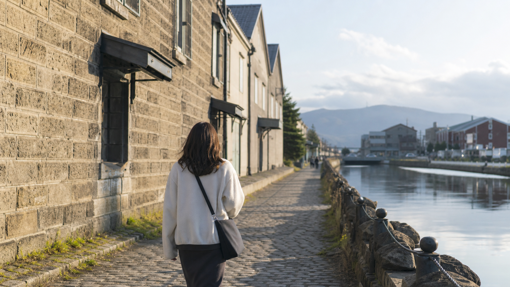 運河沿いの倉庫街を歩く旅行者の後ろ姿