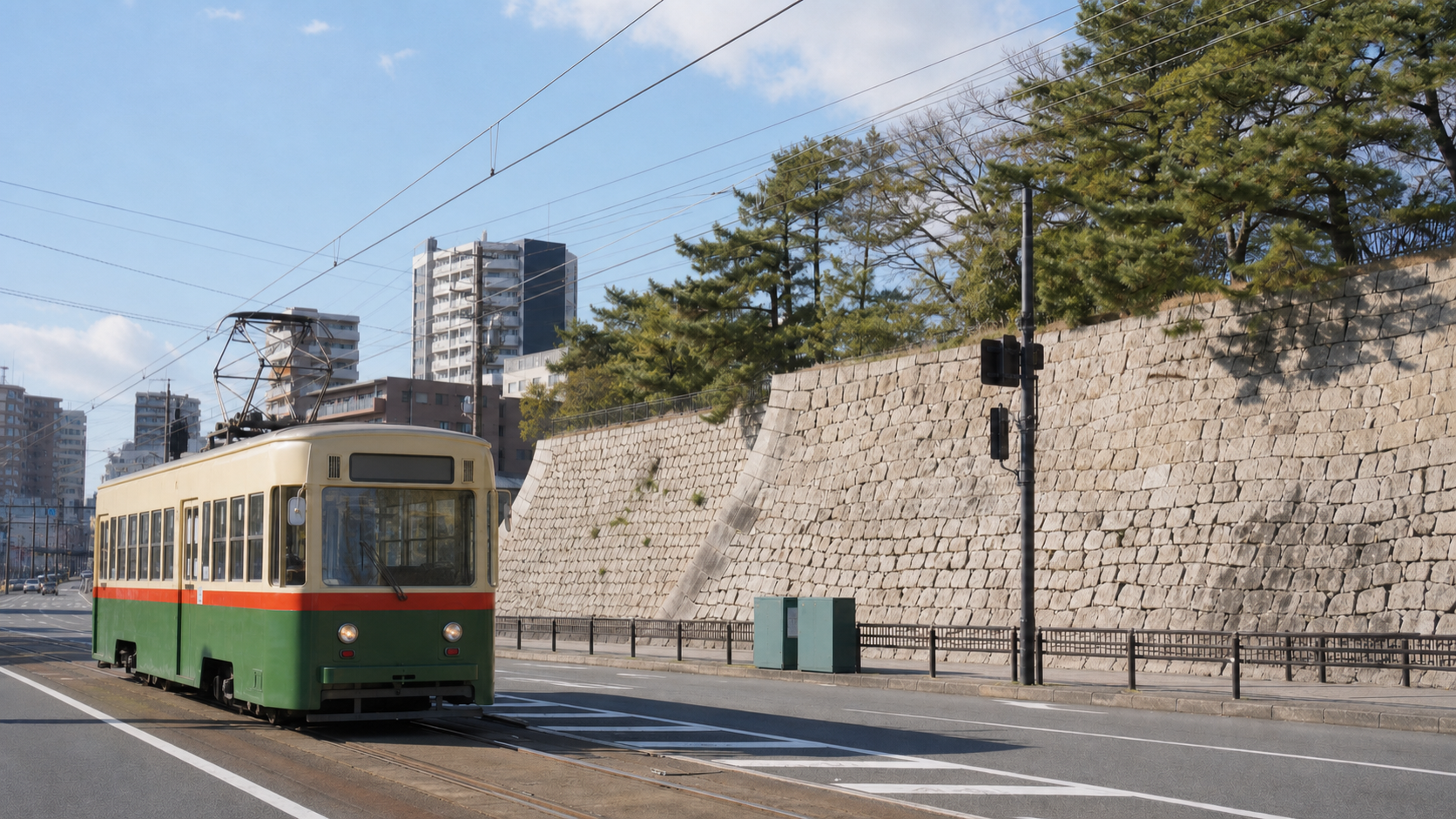 城下町らしい石垣と、行き交う路面電車のある街並み
