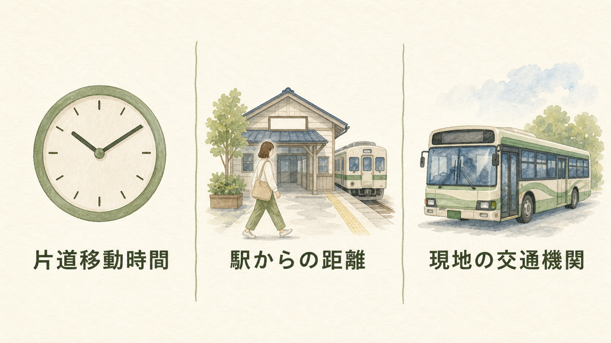 片道移動時間・駅からの距離・現地の交通機関という車なし旅行選びの3条件を示すチェックリスト図解