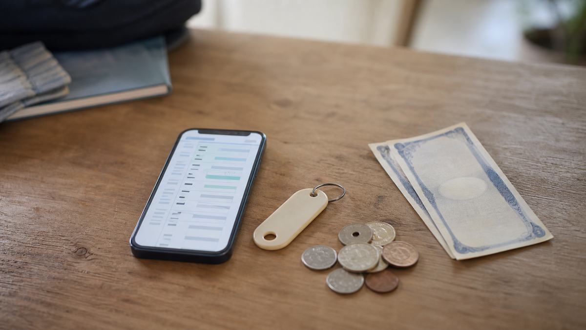 時刻表アプリの画面、コインロッカーの鍵、小銭や千円札を並べた出発前チェックのイメージ