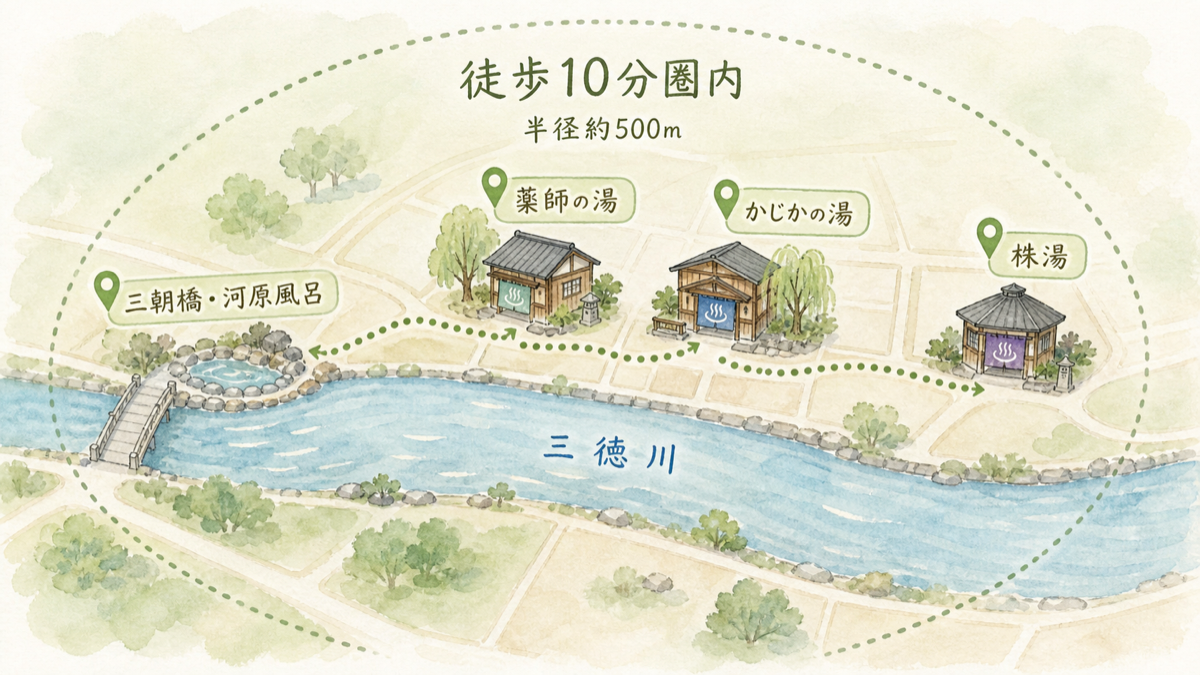 三朝温泉街で三朝橋や足湯、株湯を徒歩で巡る散策マップ