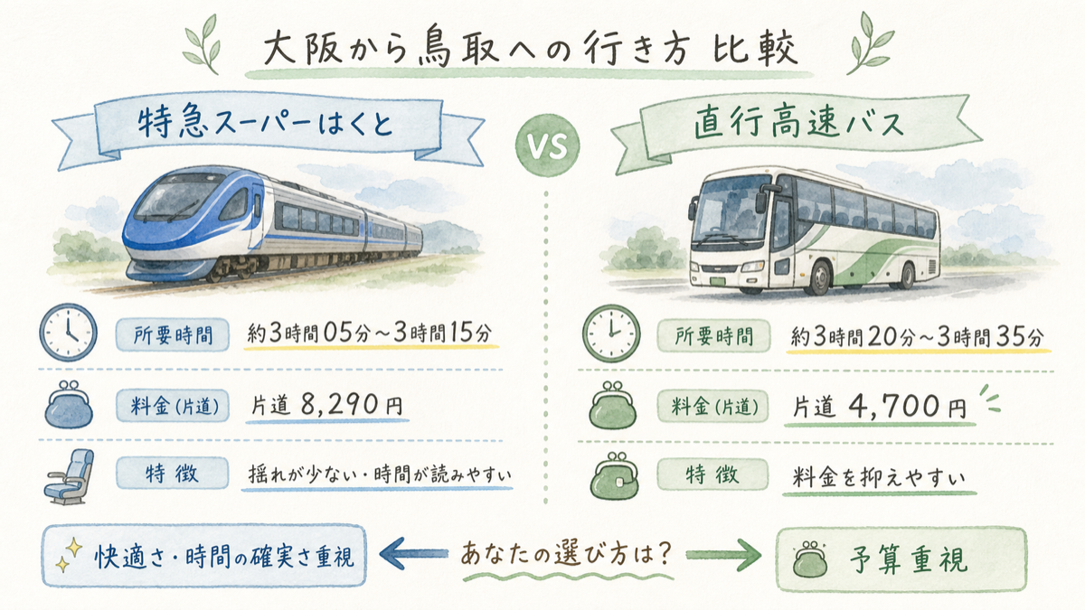 三朝温泉への電車と高速バスを料金と快適性で比較する図解