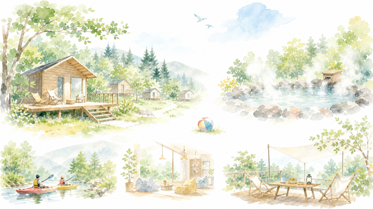 複数のキャビン、木製デッキ、温泉、外遊びをまとめて描いた大型リゾート型グランピングの概念イラスト