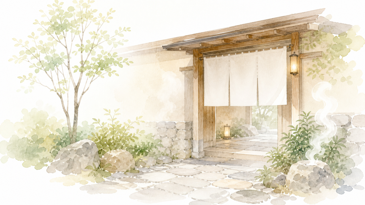 宿泊棟から温泉へ向かう一般的な入口を表す、湯気のモチーフ付きの水彩イラスト