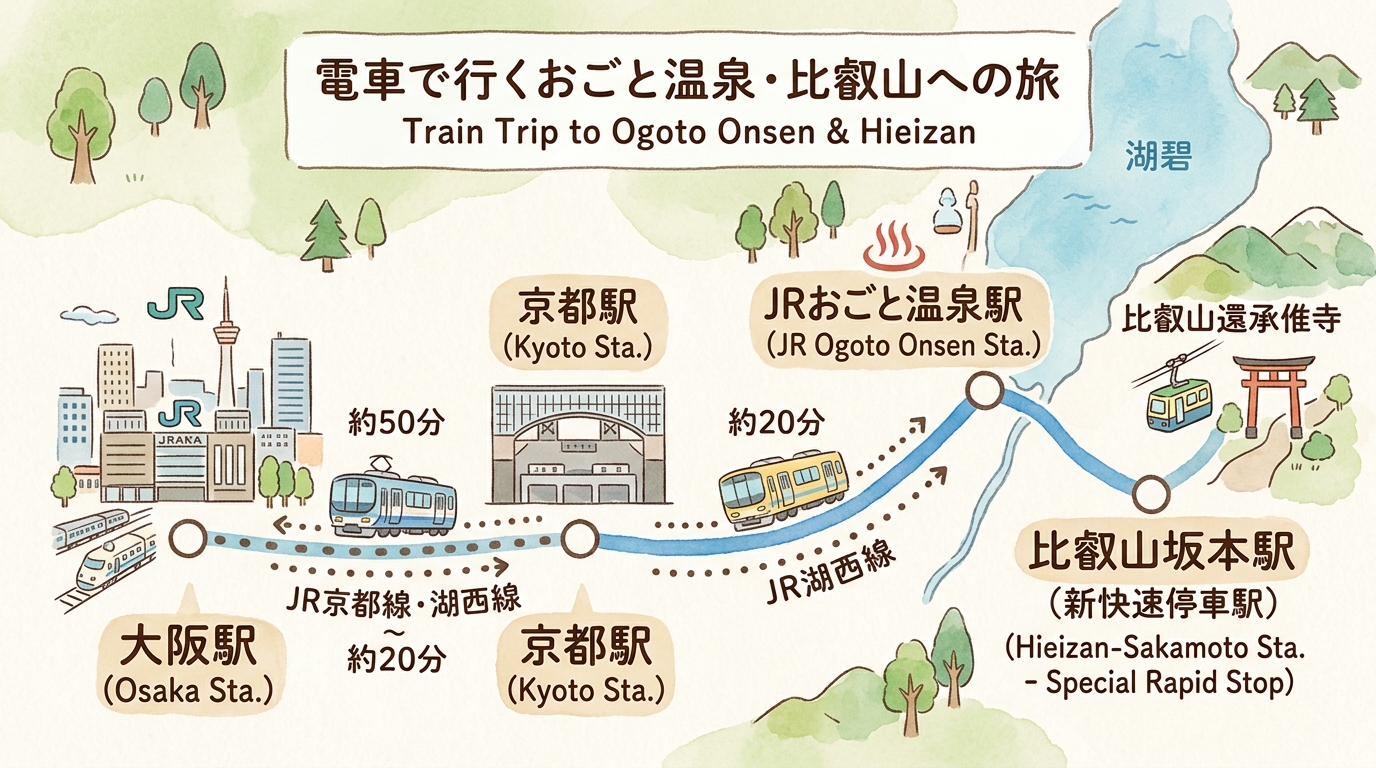 大阪・京都からJRおごと温泉駅への電車アクセスと所要時間の簡略ルート図解
