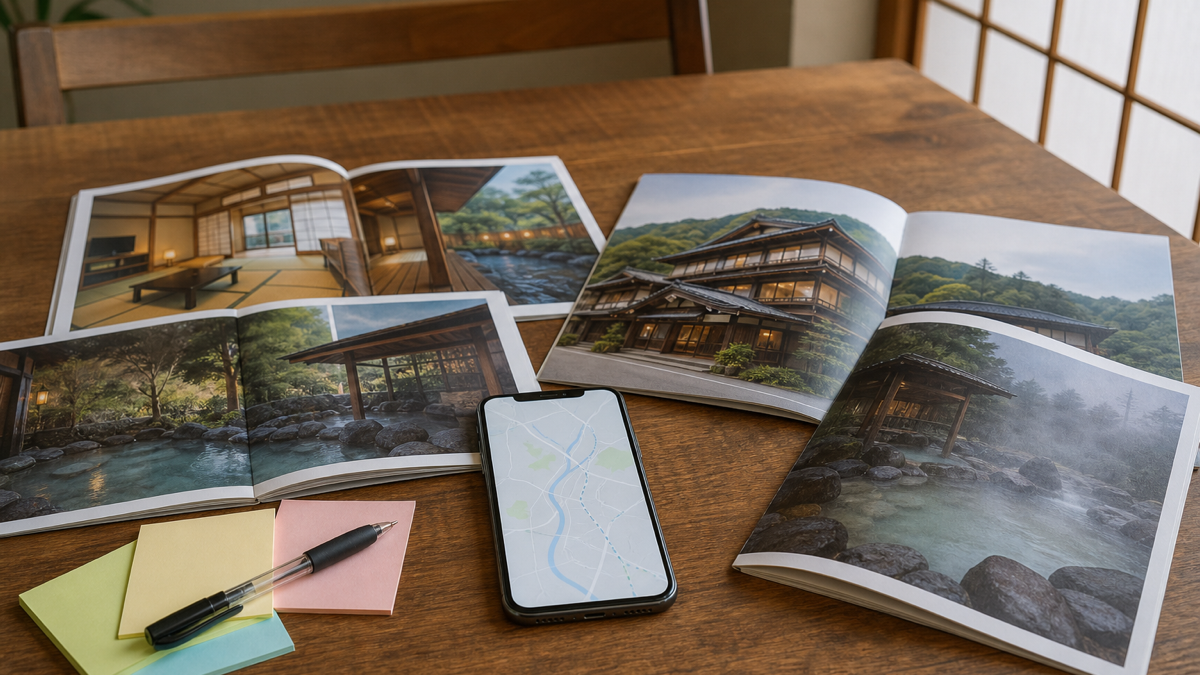 和風の温泉旅館のパンフレットとスマートフォンの地図を見比べながら宿を選んでいる旅行準備の様子