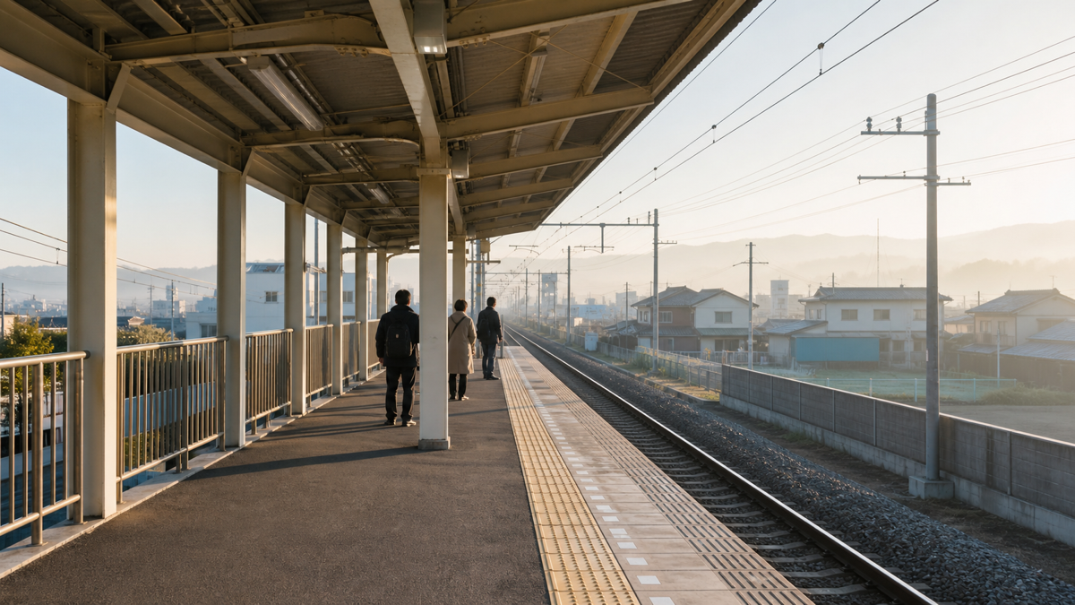 早朝の駅のホームと通勤・通学の人たちの後ろ姿