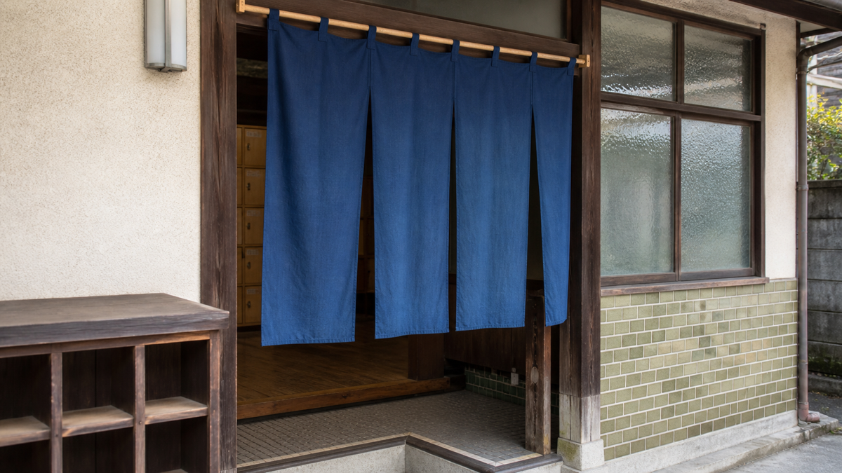 暖簾がかかる浴場の入口と靴脱ぎ場