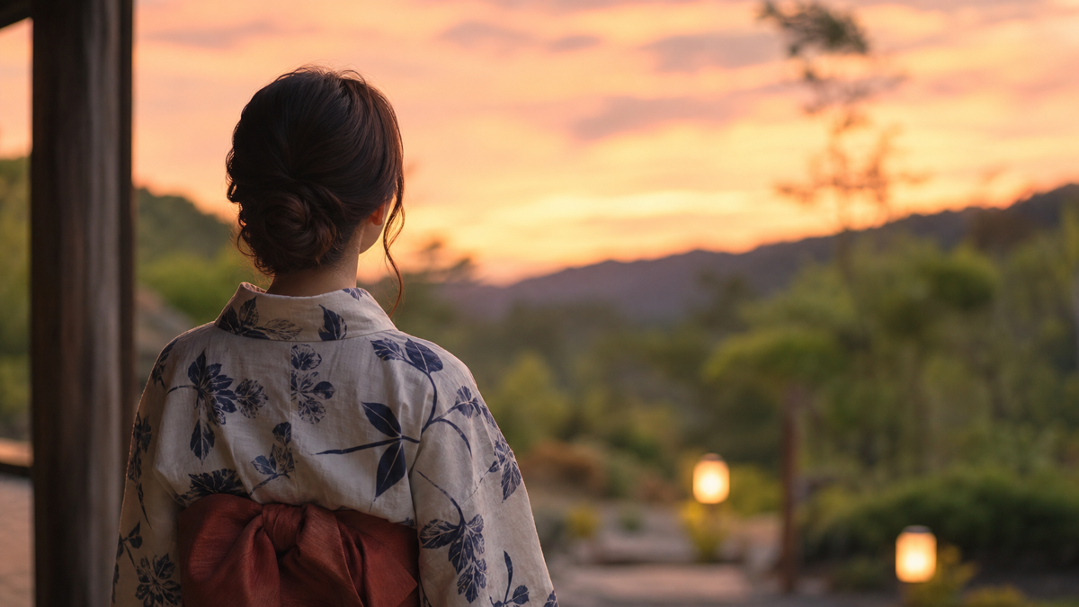 湯上がりに浴衣姿で夕方の空を見上げる後ろ姿