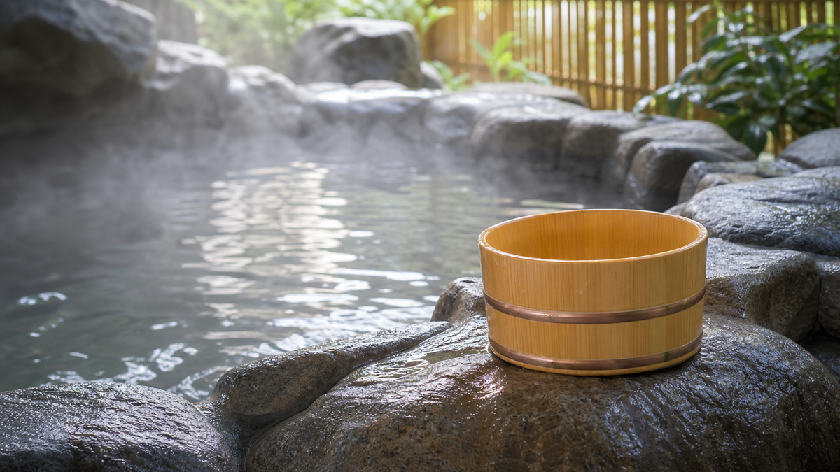 湯気の立つ露天風呂とかけ湯桶のクローズアップ
